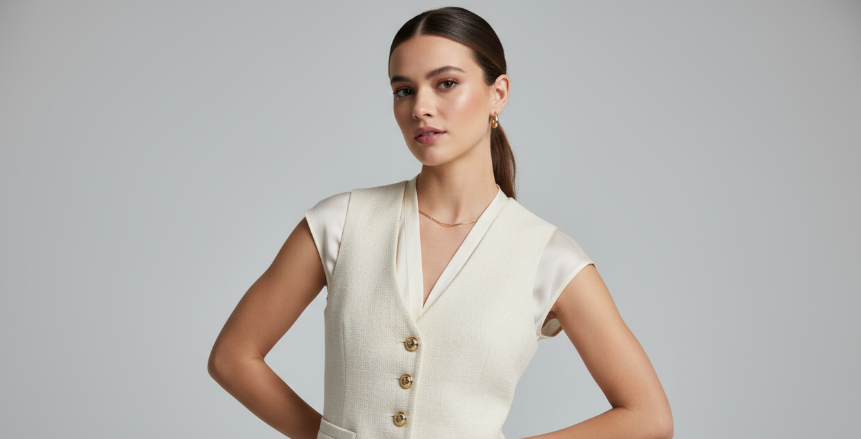 woman model wearing elegant white vest with gold buttons, background light grey photo taken professionally