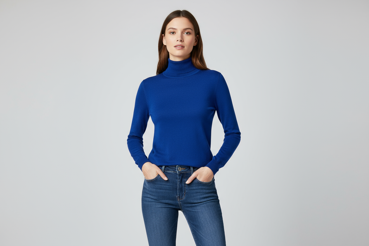 woman wearing blue longsleeve turtleneck and jeans, background light grey photo profesionally taken